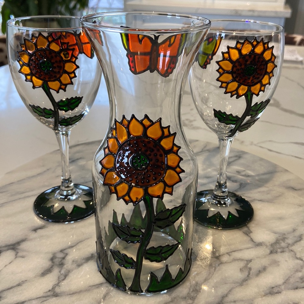 Vintage Hand Crafted Small Glass Carafe and 2 Glasses